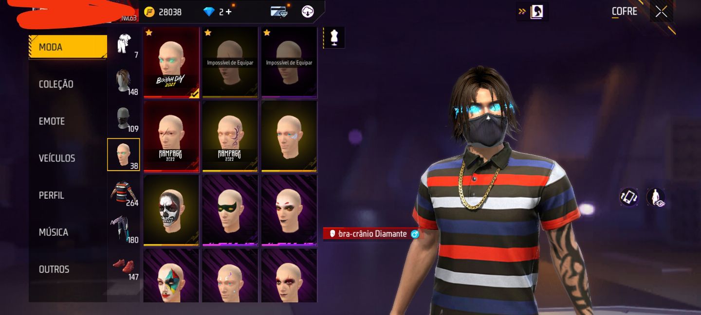 Conta Rara Free Fire Nível 63 com calça angelical e vários passes