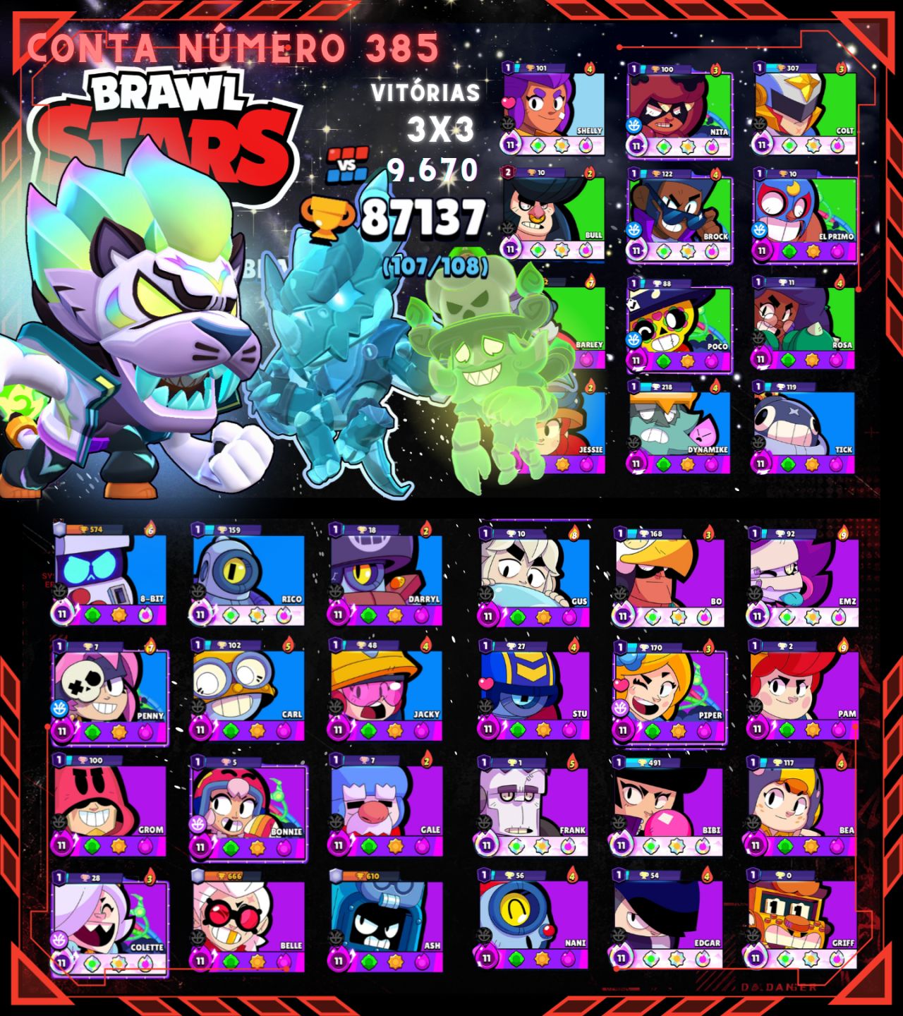 Contas de Brawl Stars Upadíssimas com vários troféus e Skins