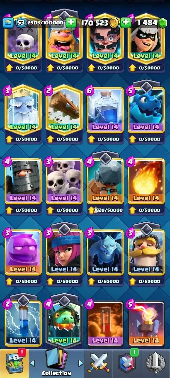 Conta Clash Royale nível 53, 9134 troféus, 48 cartas máx, 95 emotes, 1484 gemas