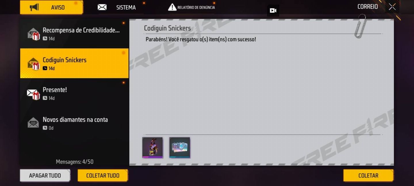 FREE FIRE - Codiguin snickers + BRINDE (ENTREGA AUTOMÁTICA) CODIGO SNICKERS