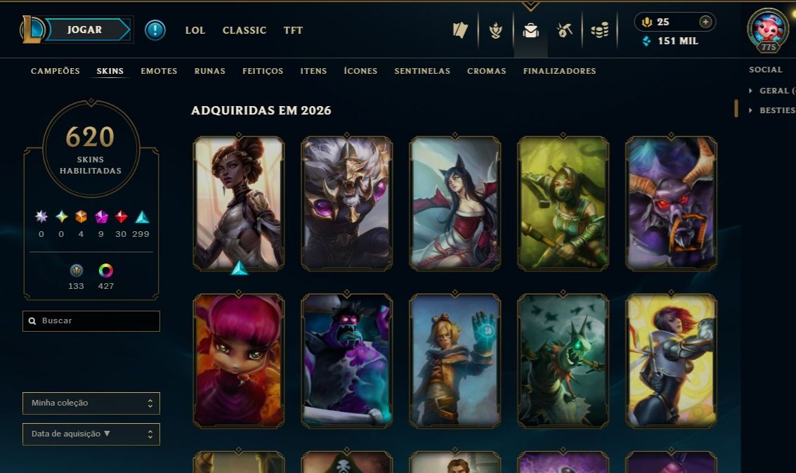 CONTA RIOT COMPLETA | LOL 620 SKINS + 427 CROMAS | LVL 775 | VALORANT SKINS