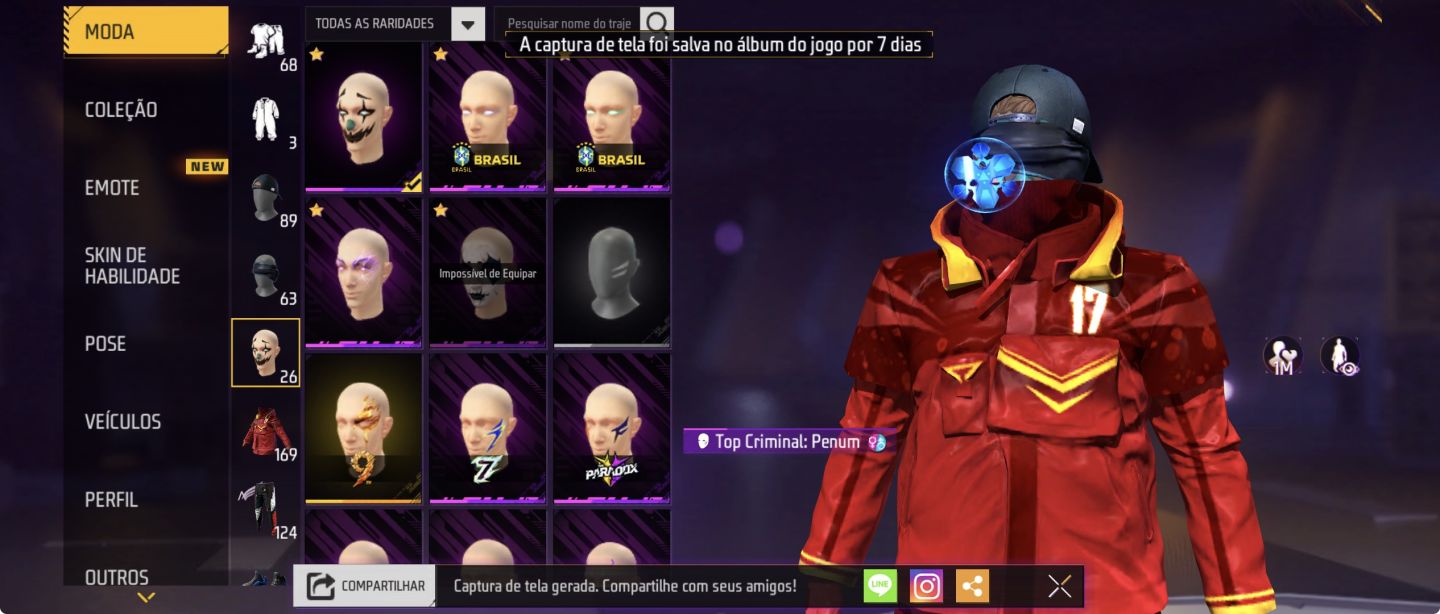 CONTA FREE FIRE [169 PEITAS] CALÇA ANGELICAL VERMELHA | UMP ROXA | DUNK MASTER