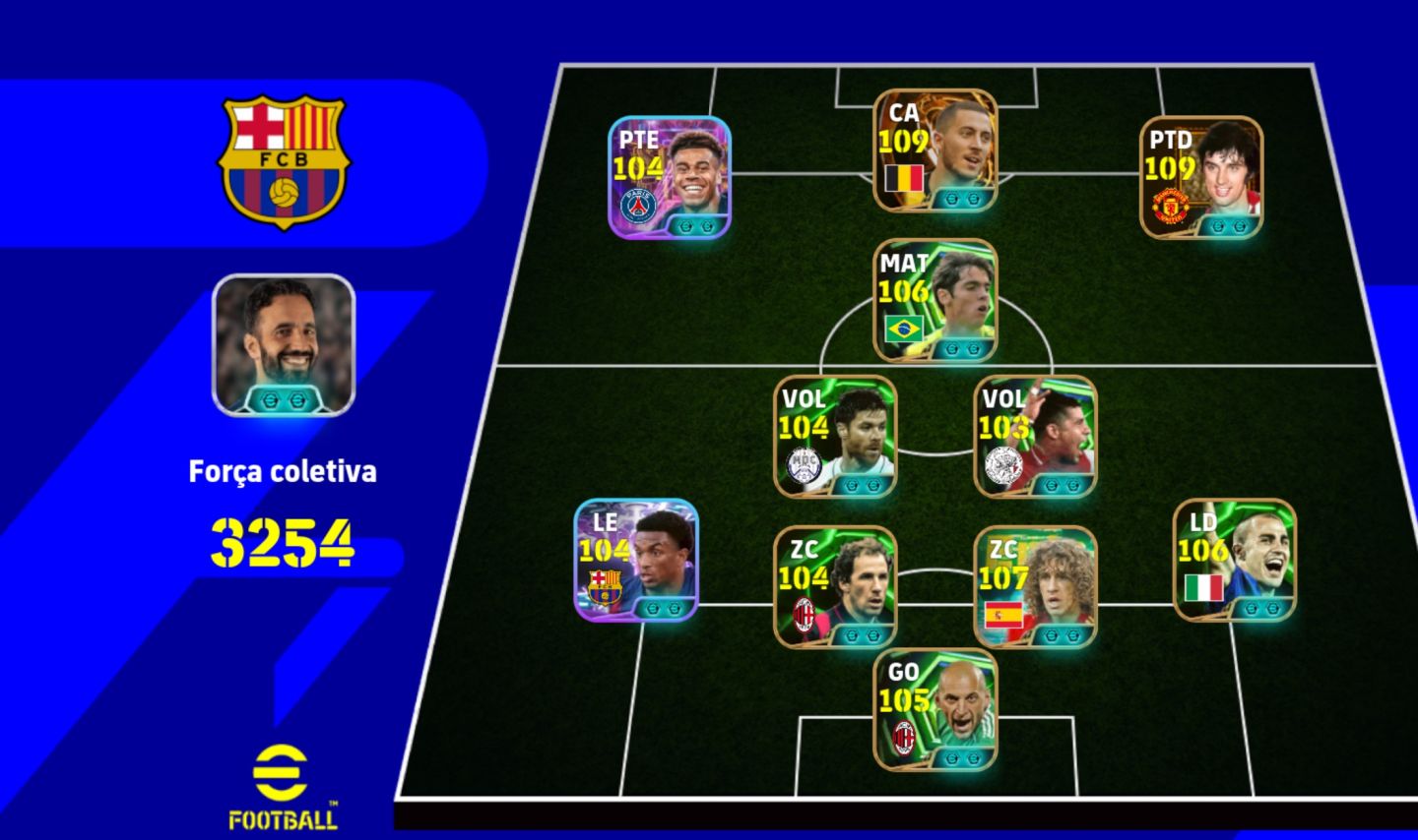 Conta top de efootball mobile com Hazard, Best e Kaká.