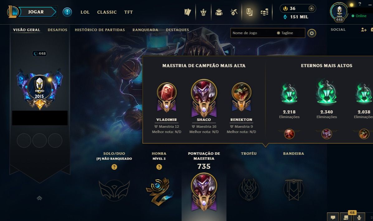 Conta Lol de 2014 / 874 Skins / Nivel 448 / 408 Icones