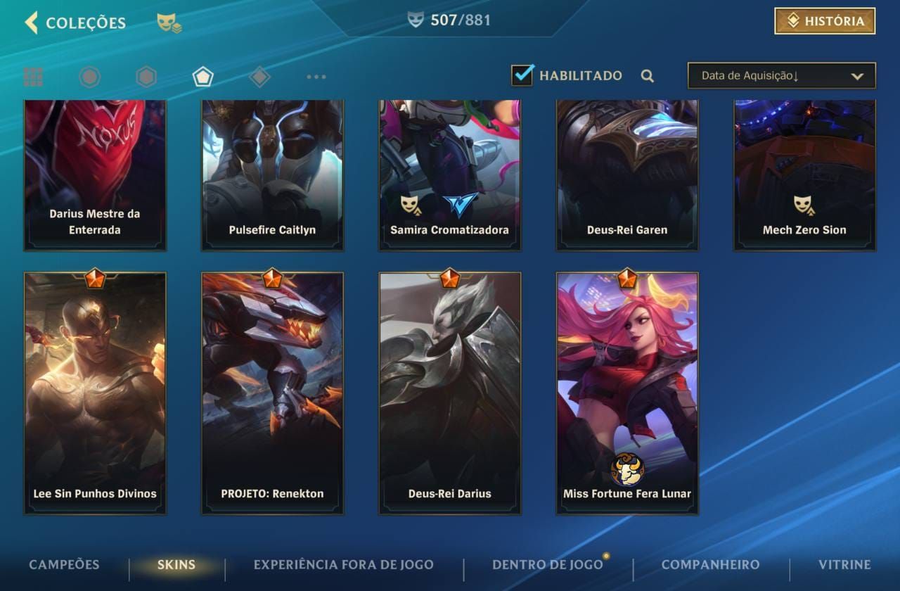 507 Skins| 15 Míticas |64 Lendárias|290 Épicas |Lv 226 |87,2K Coleção| 1978 dias