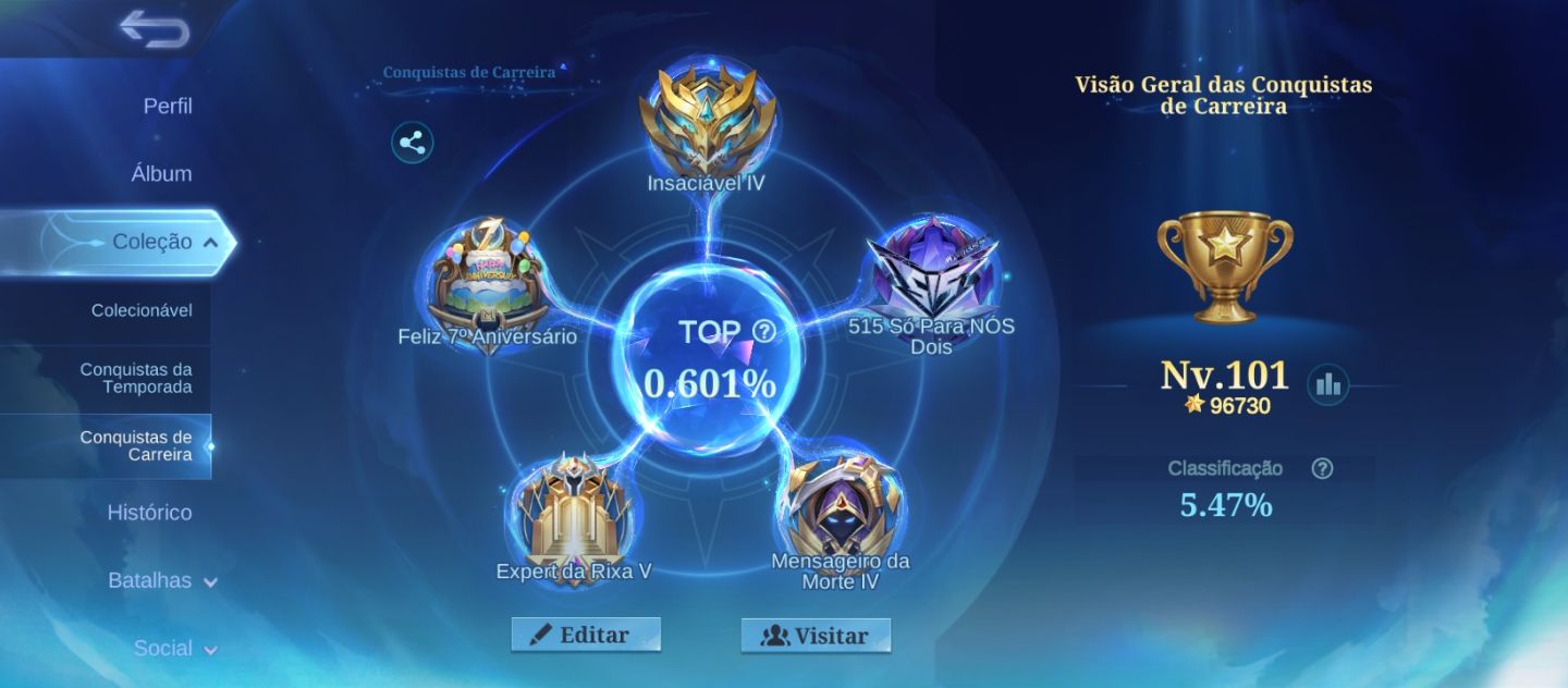 Conta mlbb 6Anos 222skins 111 star único dono wr medianos Full emblemas e herois