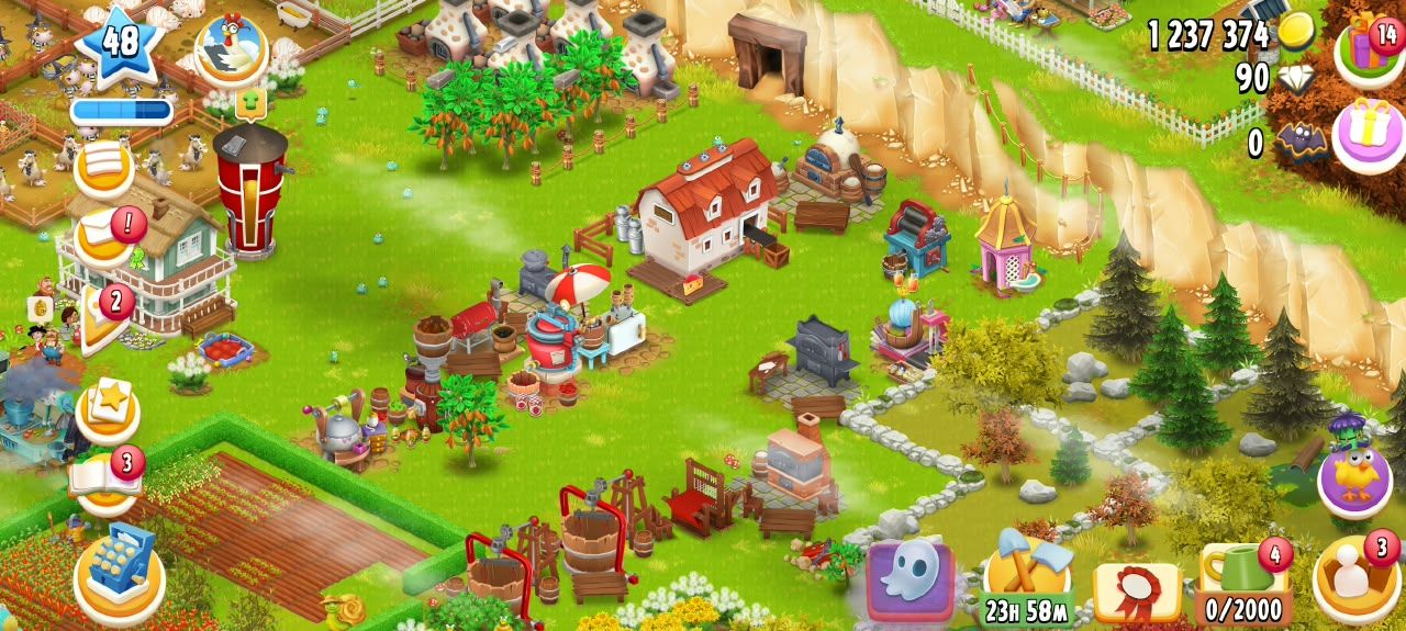 Hay Day Nível 48 | +1.237.000 Moedas | 90 Diamantes | Animais, Mina, Porto e Máq