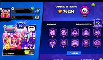 Conta Brawl Stars 76k troféus 63 brawlers Lv11 + 355 skins
