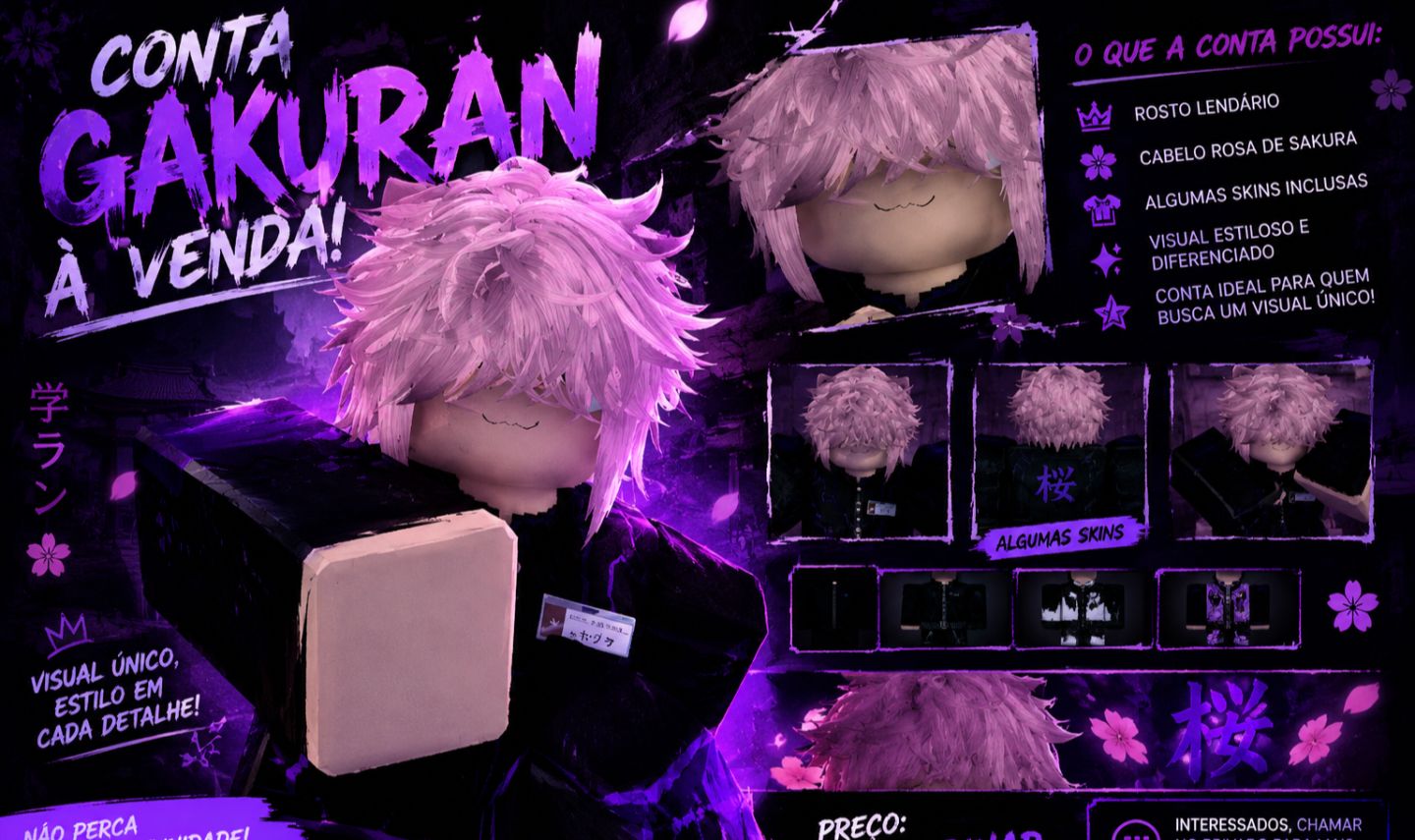 Conta Gakuran com rosto lendário e cabelo rosa de sakura