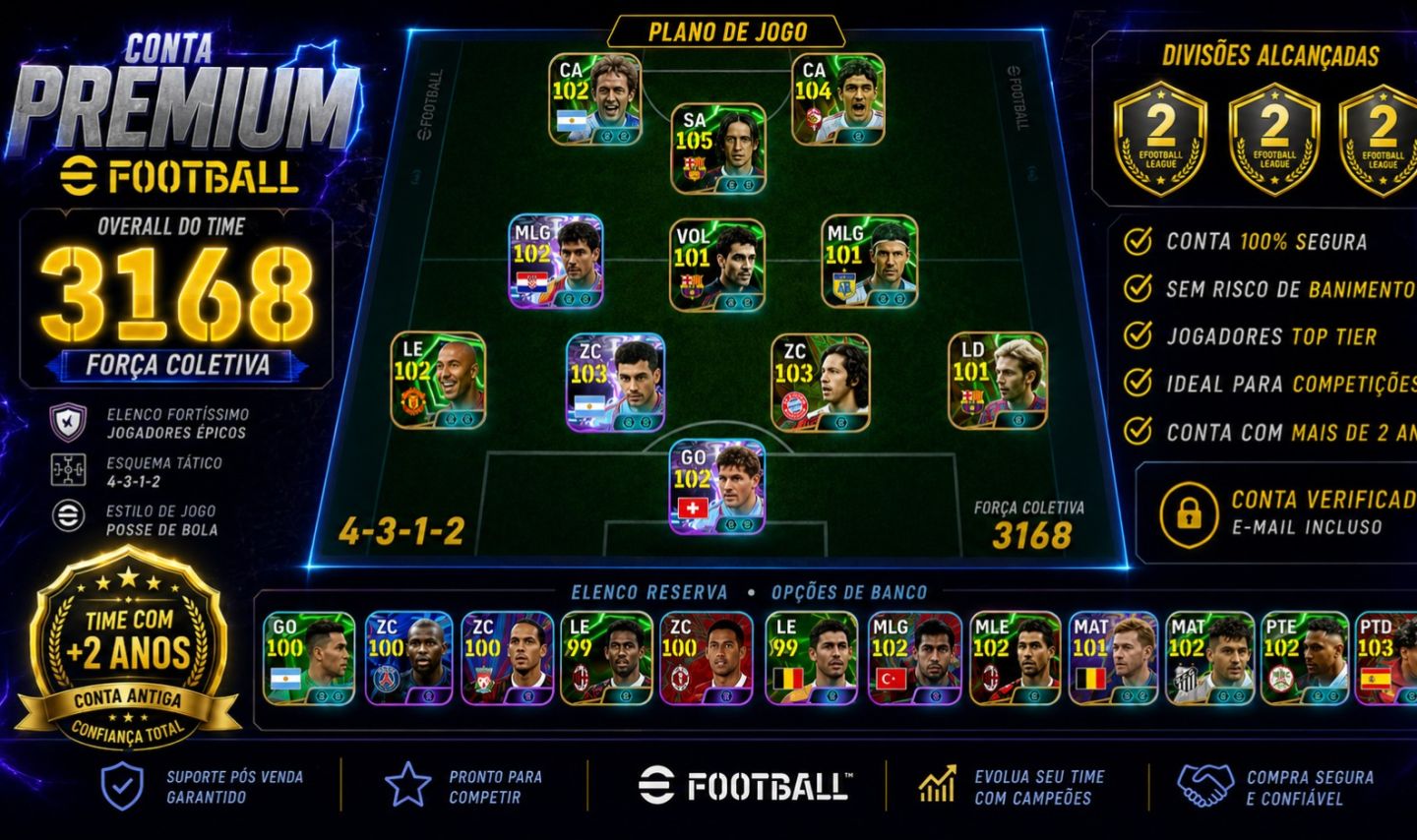 Conta eFootball +2 Anos 3168 Divisão 2 Konami ID