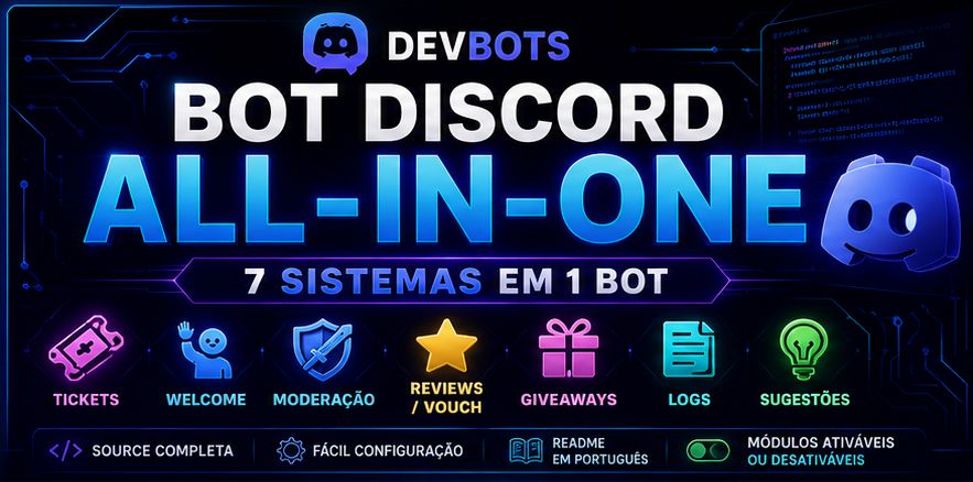 Source Bot Discord | 7 em 1 + Ticket + Moderação | Entrega Automática