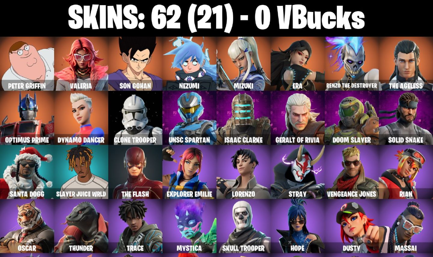 CONTA FORTNITE COM 62 SKINS THE FLASH/SKULL TROPPER/EREN JAEGER/RIAN/IMANI/HOPE