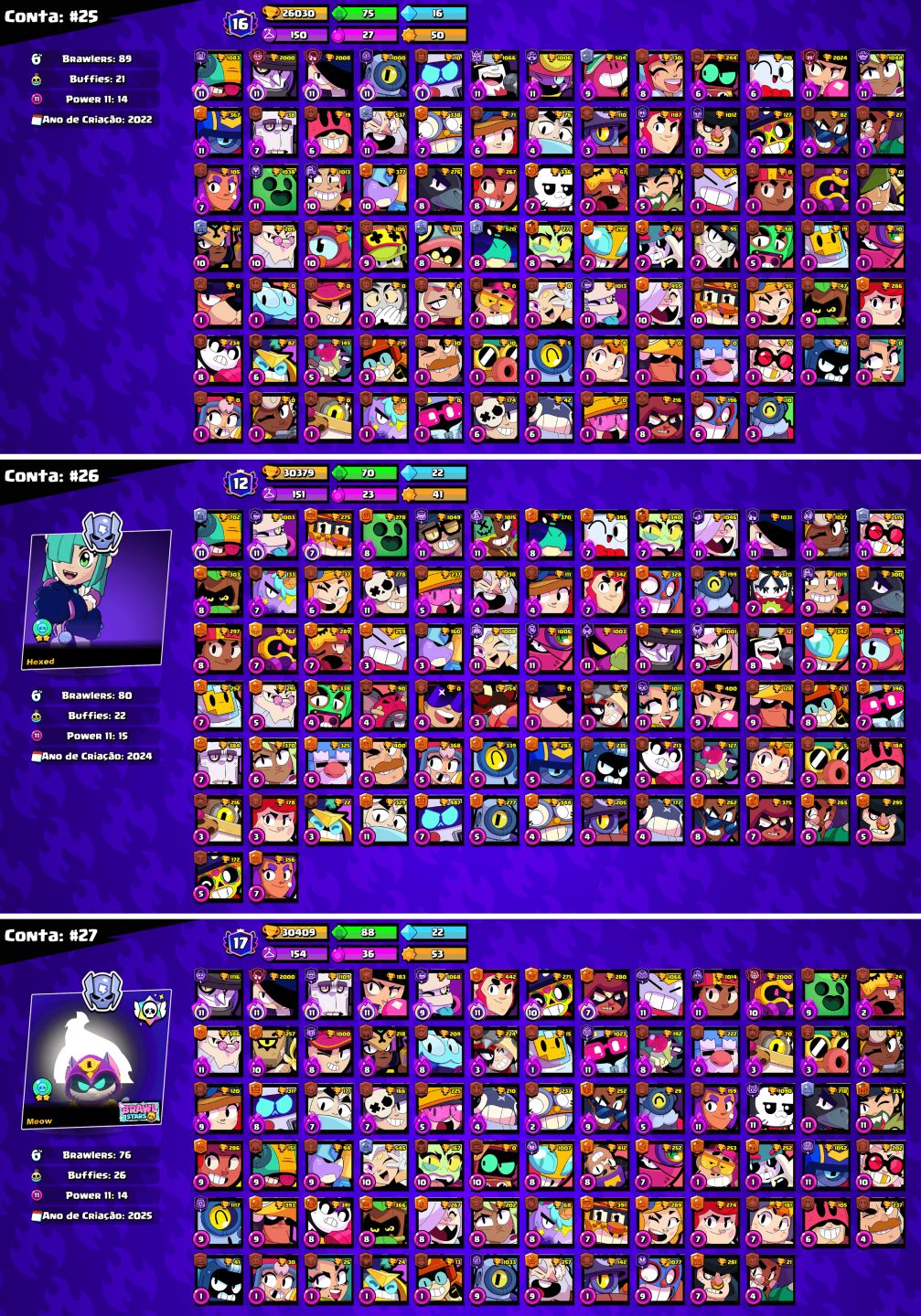 CONTAS BRAWL STARS c/LENDÁRIOS e MUITOS TROFÉUS!!