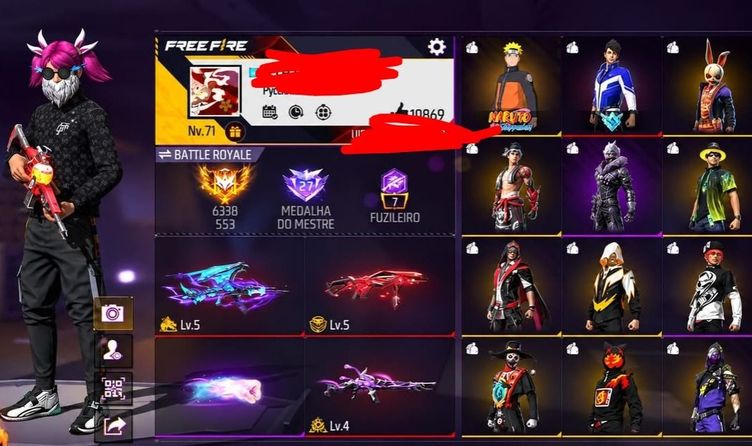 CONTA DE FREE FIRE BRABA COM SKIN NARUTO E MUITO MAIS