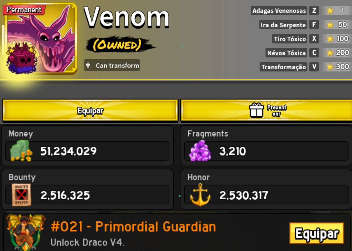 Conta de Blox Fruits Com Dark blade V3, Venom Permanente, Gamepass e raças v4