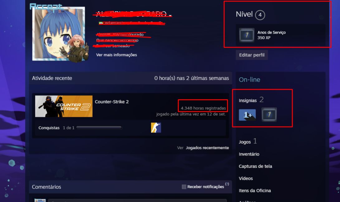 CONTA CS2 LEVEL 16 GC (PRIME + MEDALHAS + COMPROVANTE + 4500 HORAS)