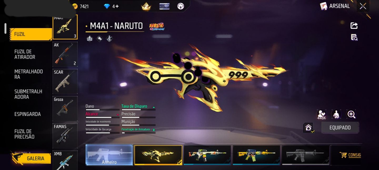 CONTA COM NARUTO + KAKASHI + HINATA + M4A1 DO NARUTO + 7 EMOTES + BIO (SEU EMAIL