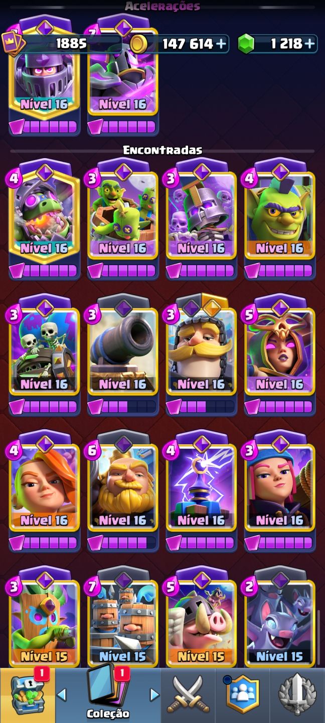 Conta Clash Royale niver da conta 16, vários emoji e evolução.