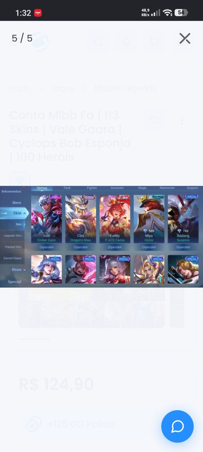 Conta Mlbb quase Full - vale Gara, Bob esponja, seiya