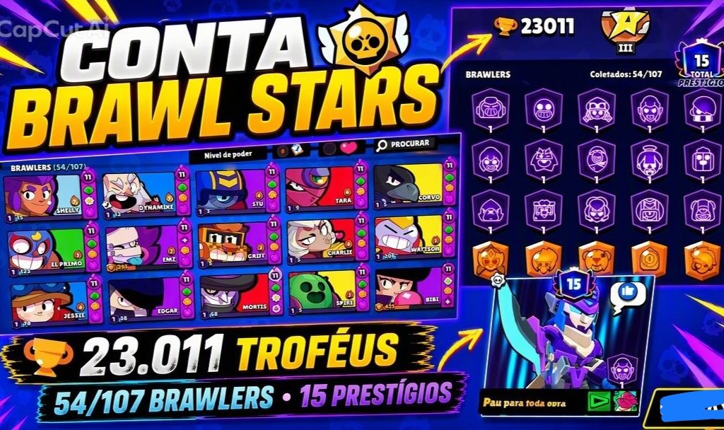 CONTA BRAWL STARS COM 23K TROFÉUS ACUMULADOS E 54 BRAWLERS DISPONÍVEIS