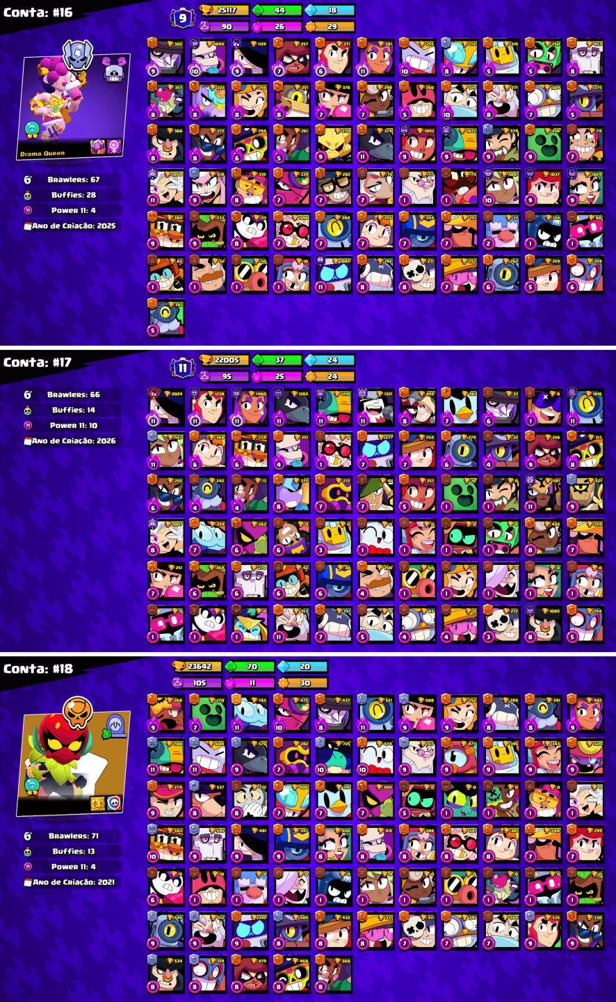CONTAS BRAWL STARS c/LENDÁRIOS e MUITOS TROFÉUS!!