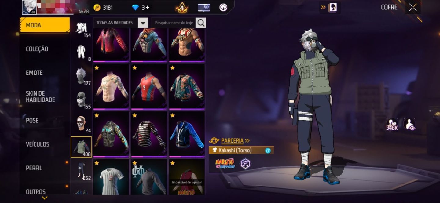 CONTA FREEFIRE COM TODAS AS SKINS DE NARUTO E ARMAS ATRIBUTADAS