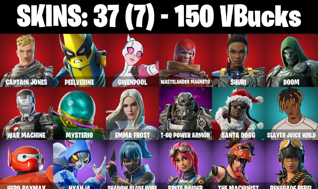 CONTA FORTNITE COM 37 SKINS GWENPOOL/SHURI/DOOM/CAPTAIN JONES/JADE/FELINA
