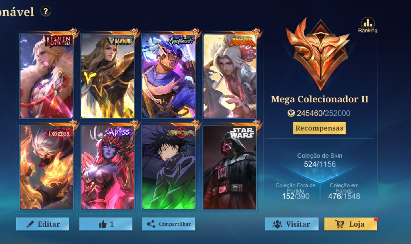 ML - MEGA 2 QUASE 1 - QUASE OUTRA LEGEND - MUITAS SKINS RARISSIMA
