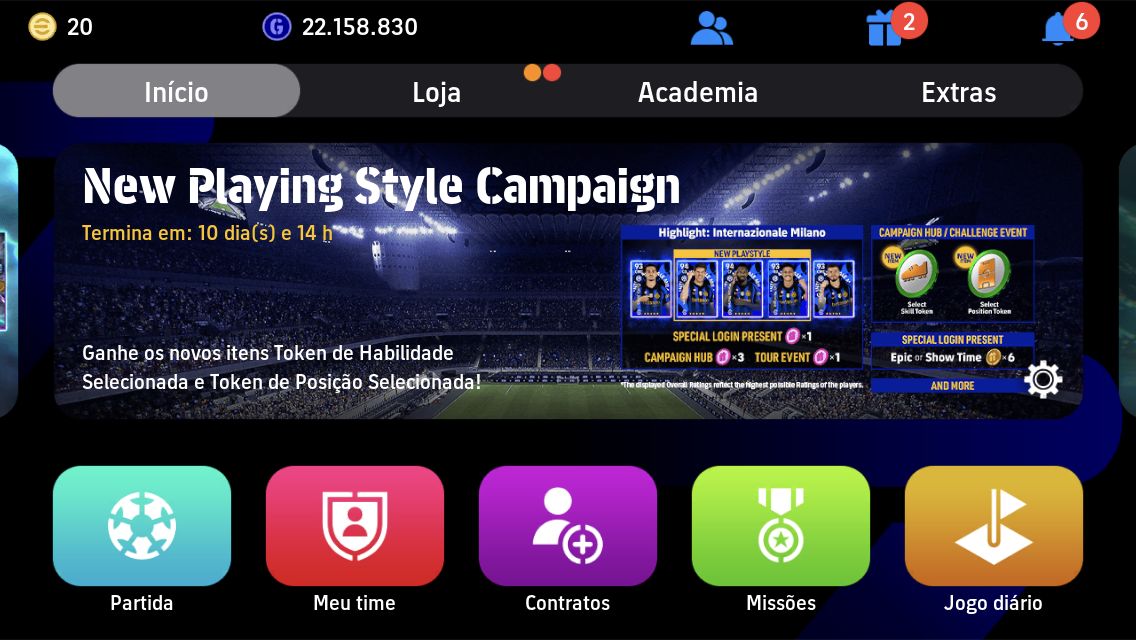 Conta eFootball Força 3266 Cruyff 108 Gullit 107 Ronaldinho blitz 107 Vieira 106