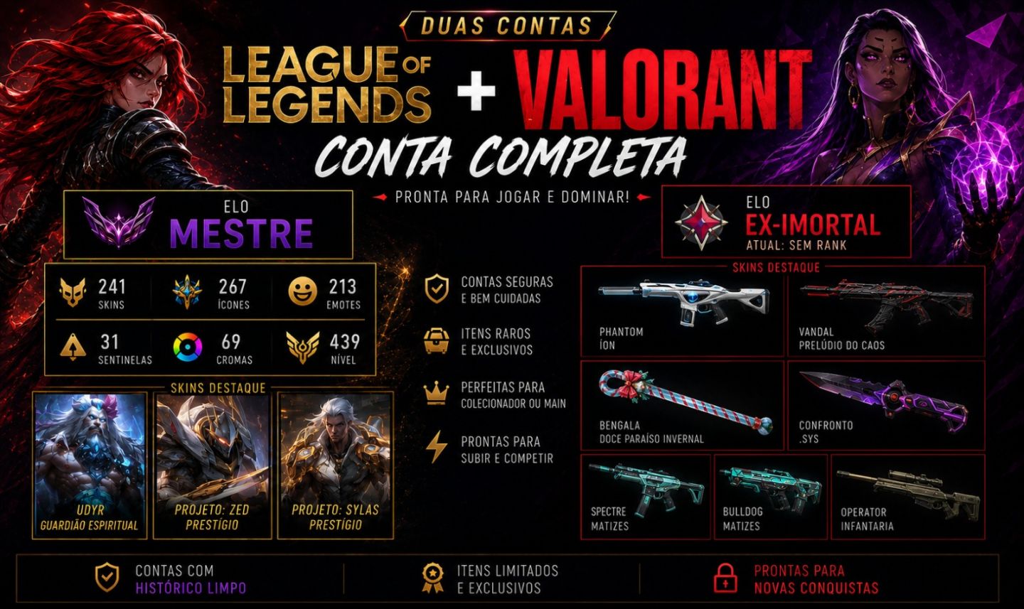 CONTA LOL MESTRE + VALORANT EX-IMORTAL | 241 SKINS | PRESTÍGIO + ULTIMATE