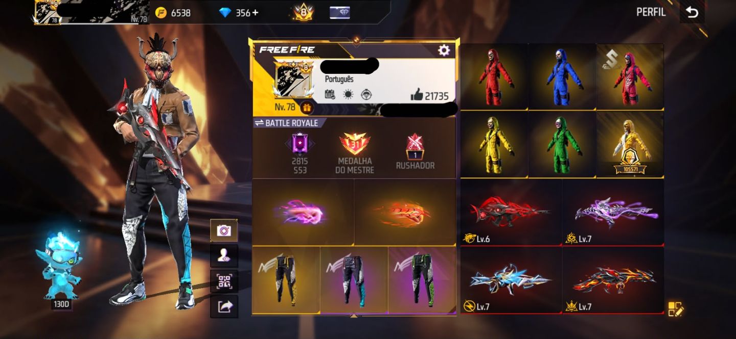 Conta Free Fire com Primeiro Passe, 900+ Peitorais Prime 8, Tropa de Exploração