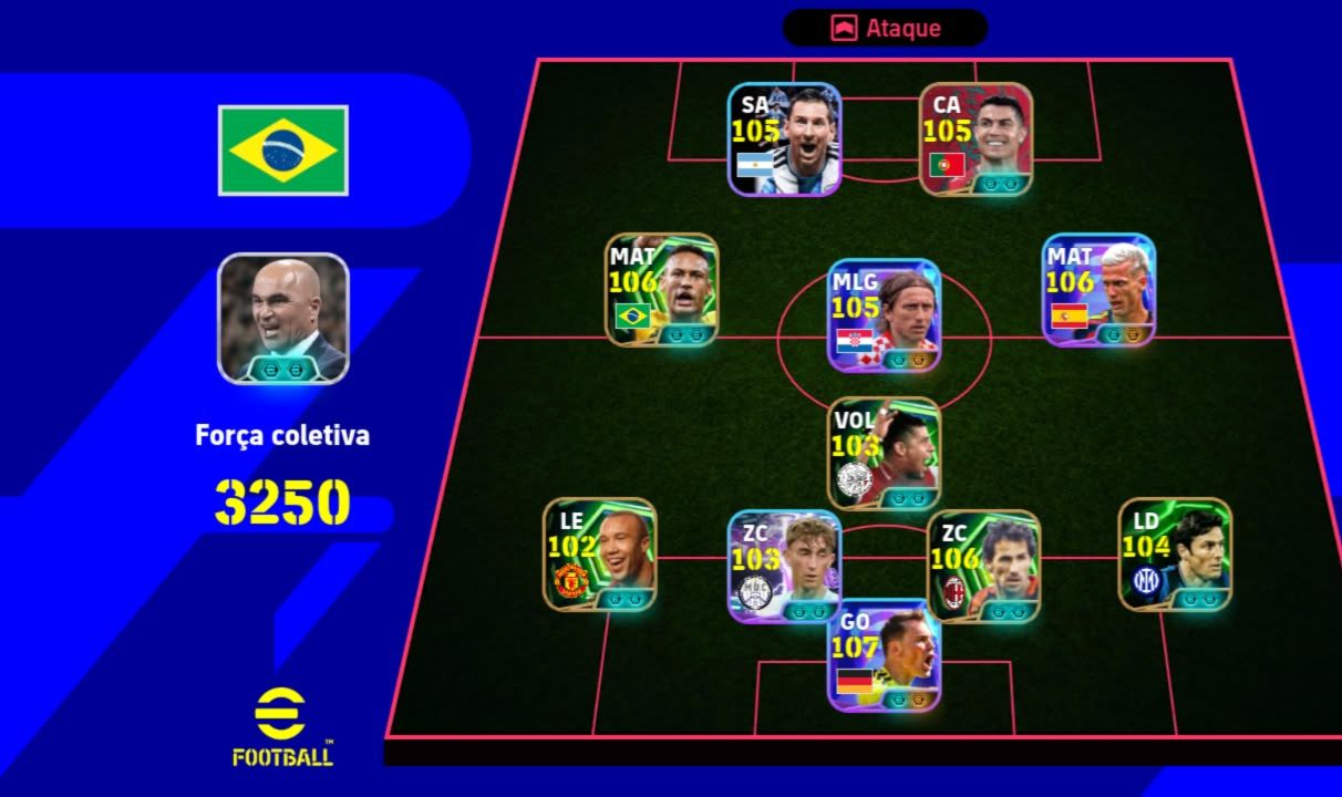 CONTA EFOOTBALL 3250 DE FORÇA COM NEYMAR 106,NEUER 107, OLMO 105,BARESI 106,CR7