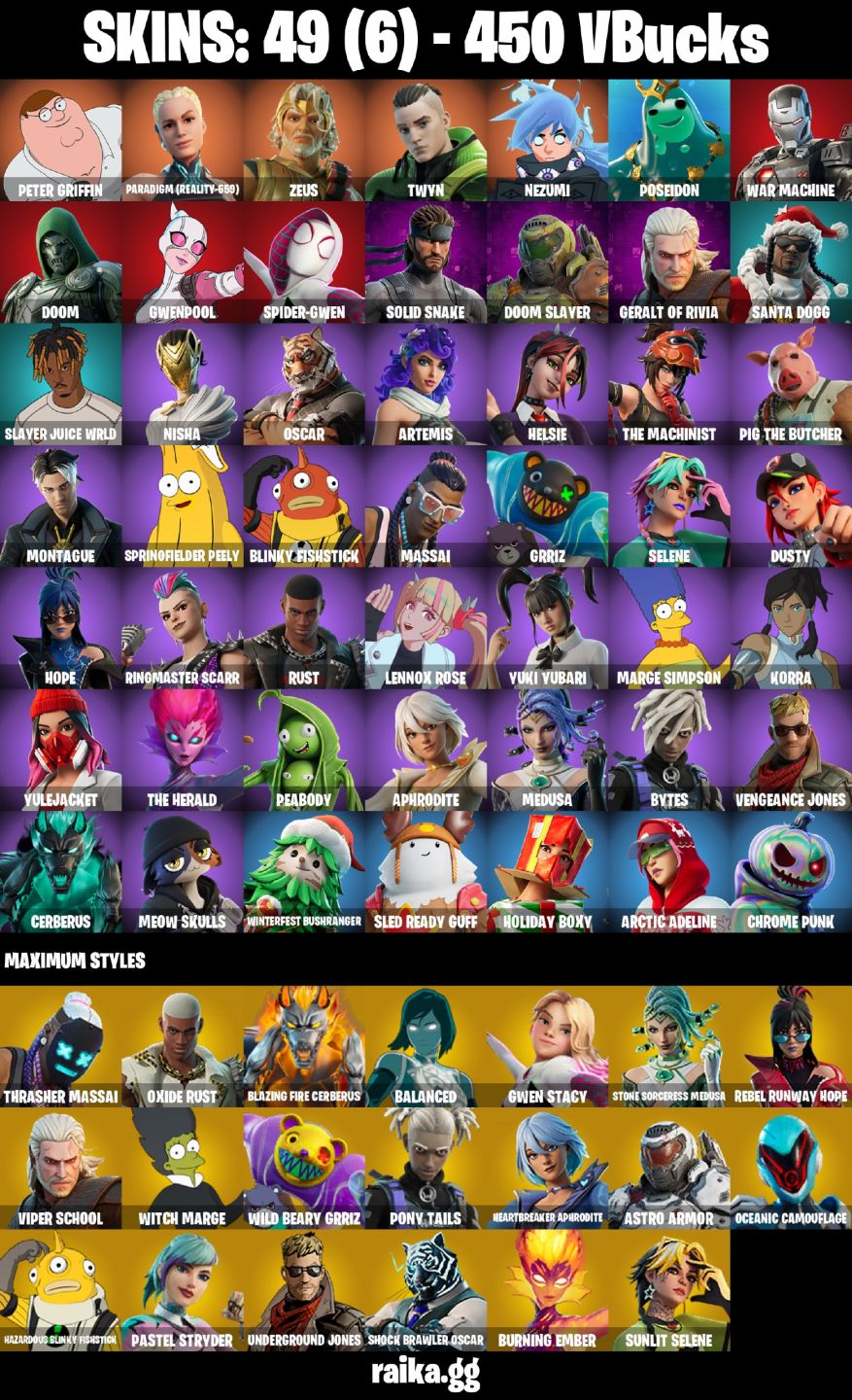 CONTA FORTNITE COM 49 SKINS ZEUS/DOOM/GWENPOOL/SOLID SNAKE/WAR MACHINE/MEDUSA