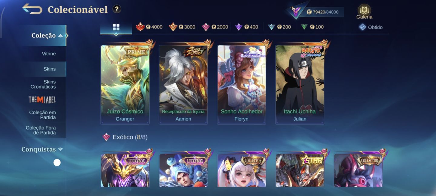 CONTA DE MLBB COM MUITAS SKINS LENDÁRIAS, MINATO, ITACHI, K' ELO +ALTO 100 STAR