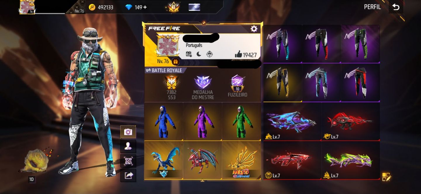 Conta Free Fire Gemada com 7 Angelicais, 10 Evolutivas, Prime 8, 900+ Peitorais