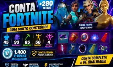 Conta Fortnite | 45 Skins + Wolverine, Lara Croft Dourada | 1.400 V-Bucks