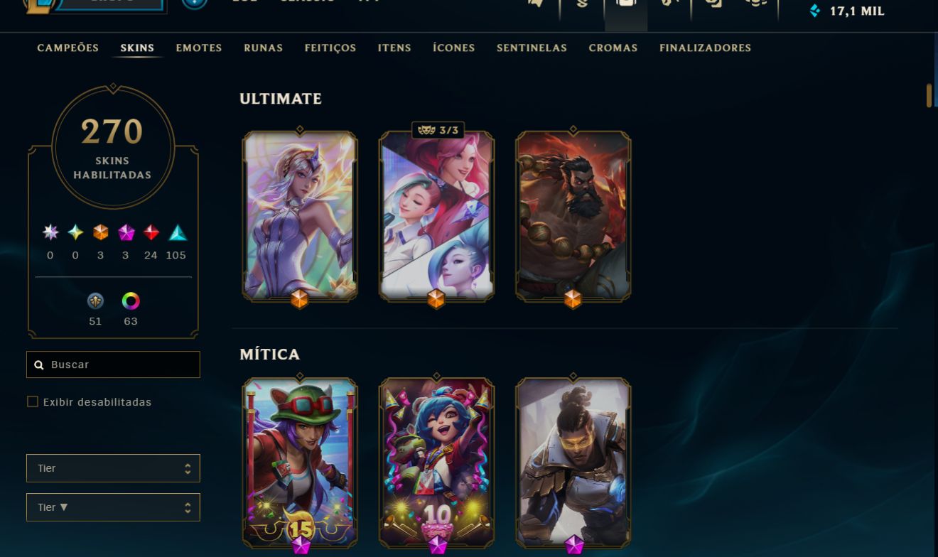 CONTA LOL - 270 SKINS - UNRANKED - 70 CROMAS - LV 610 - DONO ÚNICO - SKINS BOAS
