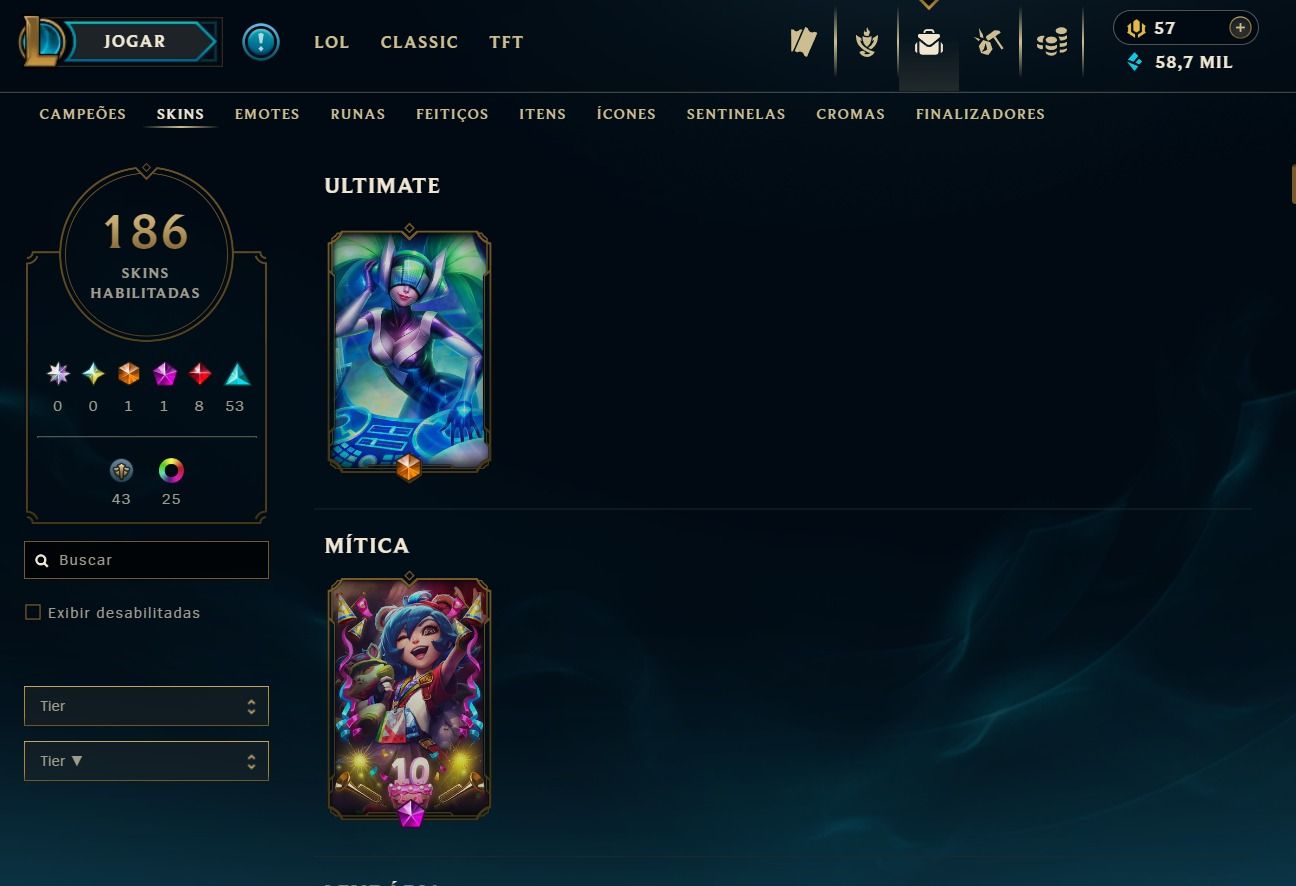 CONTA DE 2013 - 186 SKIN - LVL 242 - TODOS CAMPEÕES - 50K DE EA - 25 CROMAS