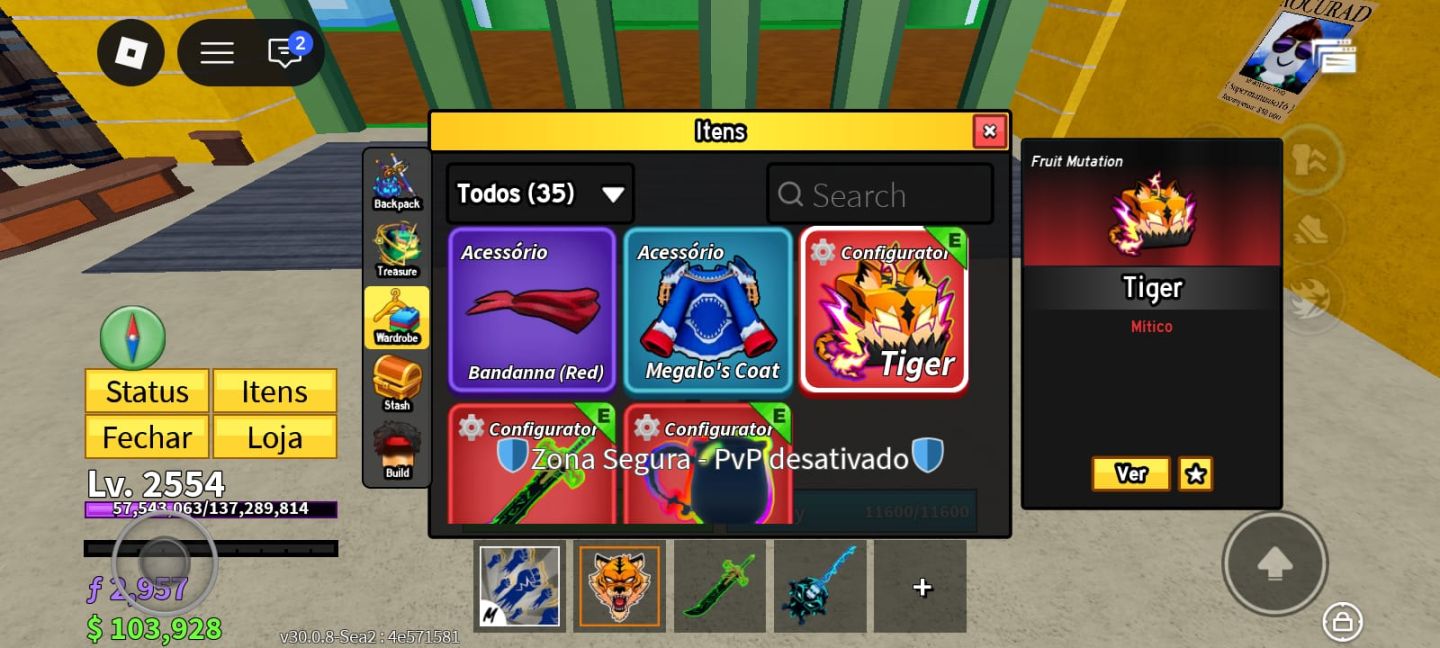 Blox Fruits LV 2554 + Fruta TigerMítica + 2 Kitsune + Venom + Dark Dager yoru v2