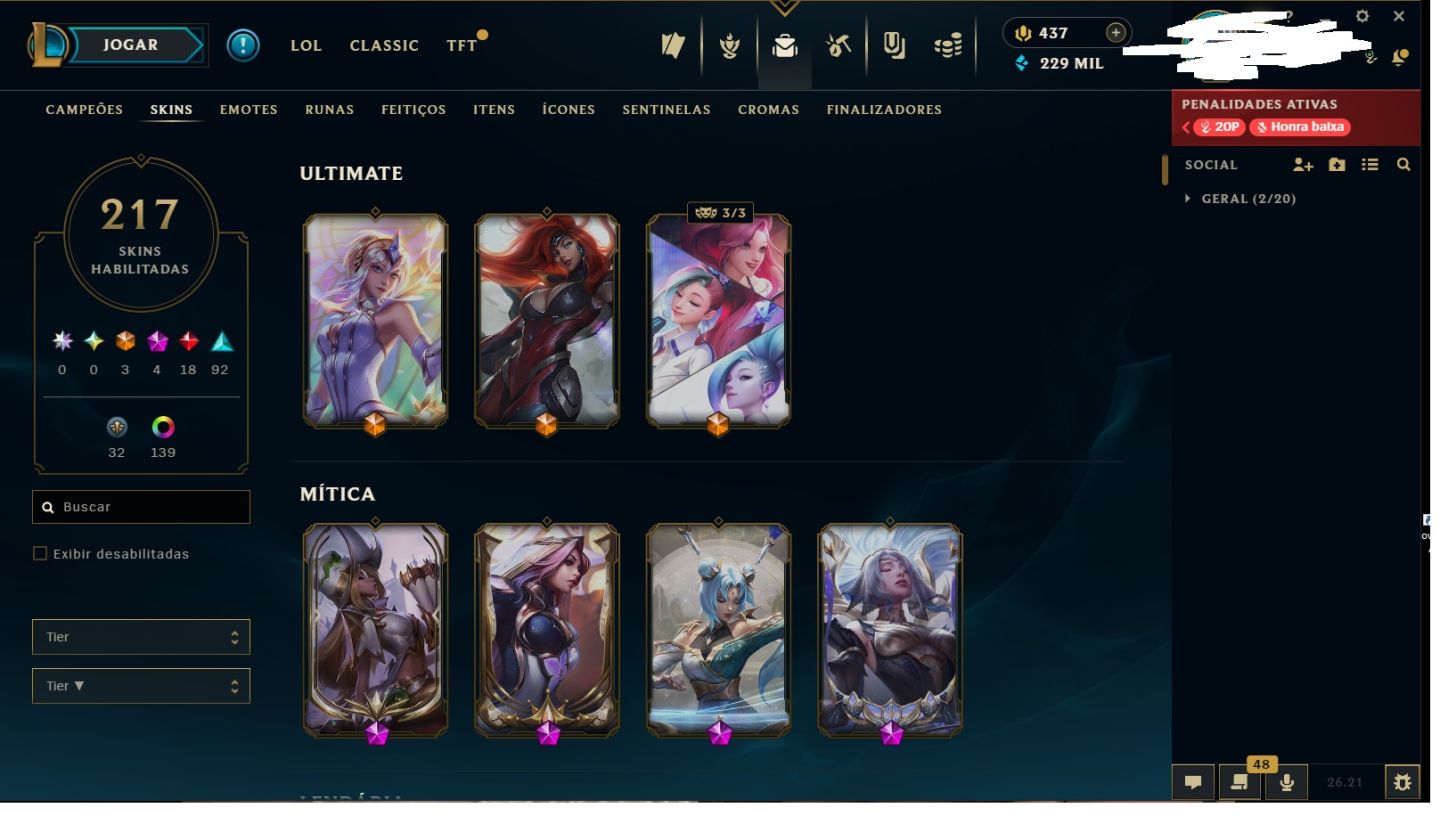 Conta LOL PLATINA(EX ESM3), TODOS os champs! MAIN SONA, MISS, AHRI, LUX, ZYRA.