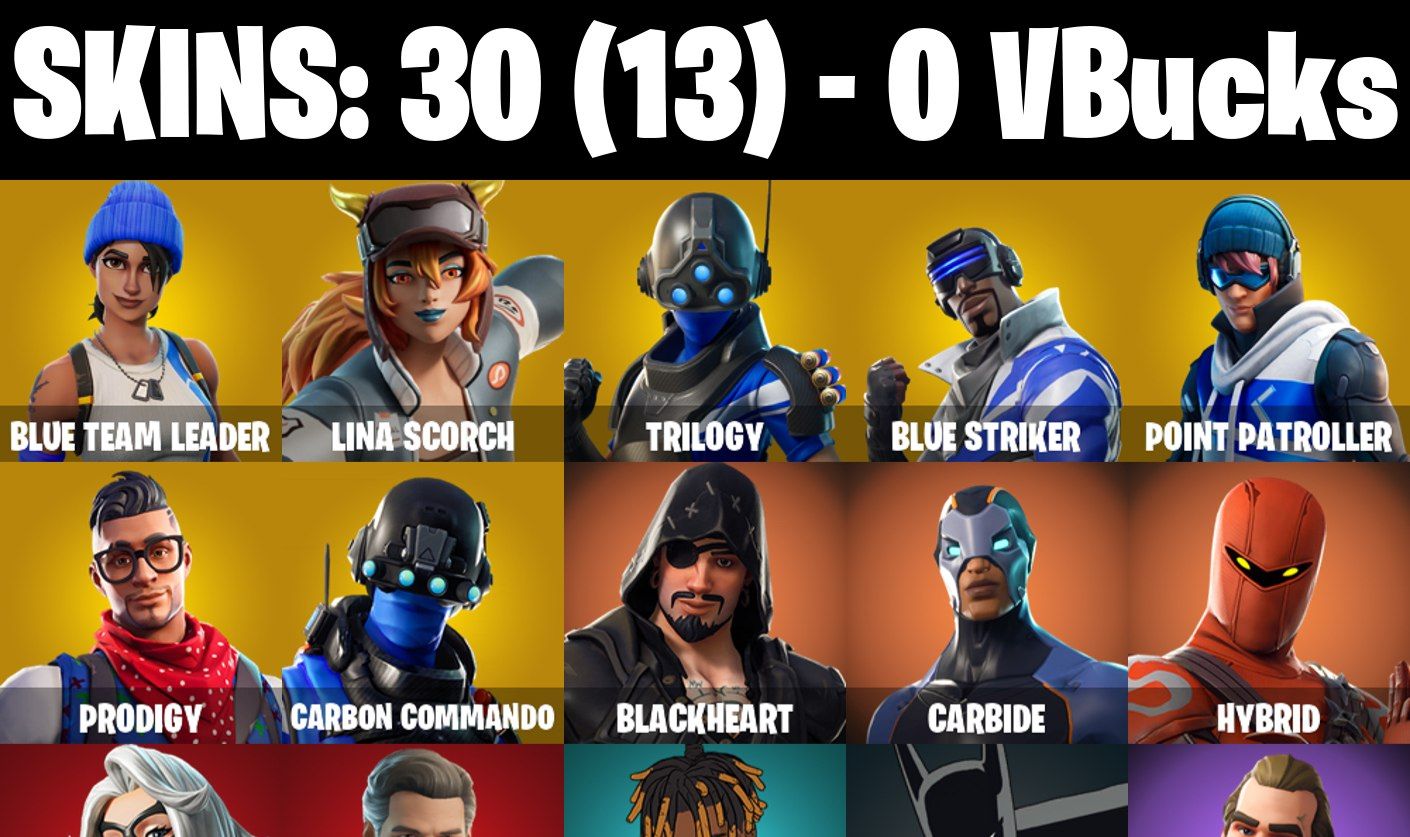 CONTA FORTNITE COM 30 SKINS BLUE TEAM LEADER/REED RICHARDS/CARBIDE/HYBRID