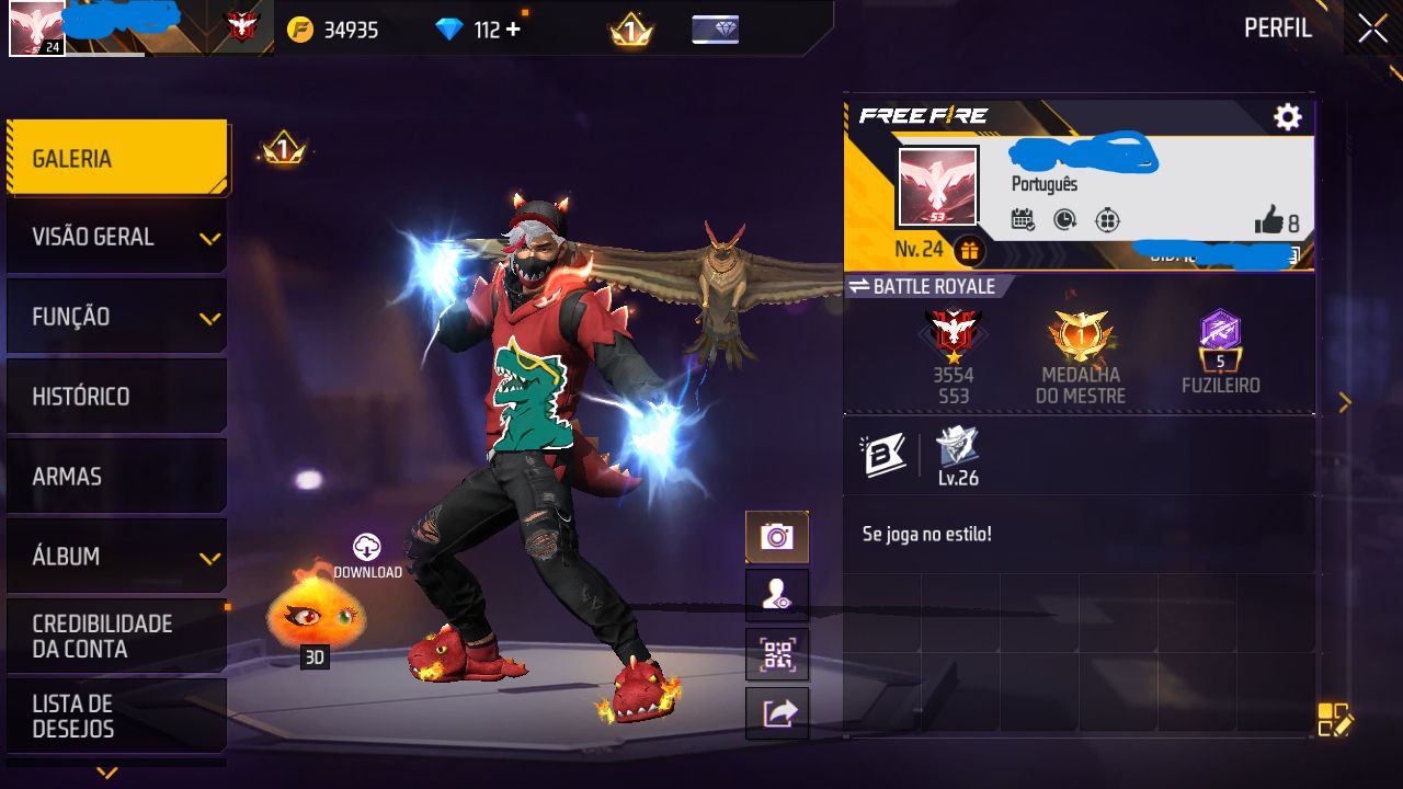 CONTA FREE FIRE MESTRE MODO RANK COM SKIN DINO DE FOGO E PUNHO CHIDORI