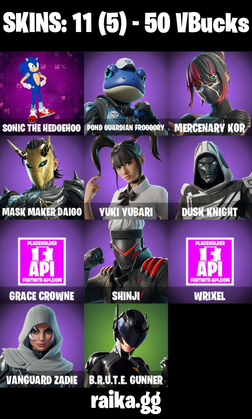 CONTA FORTNITE COM 11 SKINS SONIC/YUKI YUBARI/DUSK KNIGHT/SHINJI/BRUTE GUNNER
