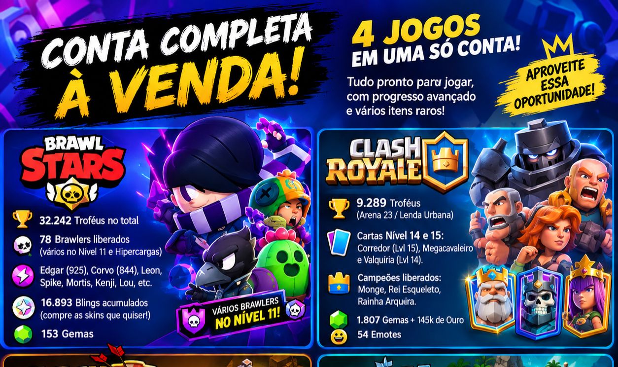 SUPERCELL ID COMBO4 EM 1 BRAWL32K(78 BRAWLERS)+ROYALE 9K+COC CV11 FULL+BOOMBEACH