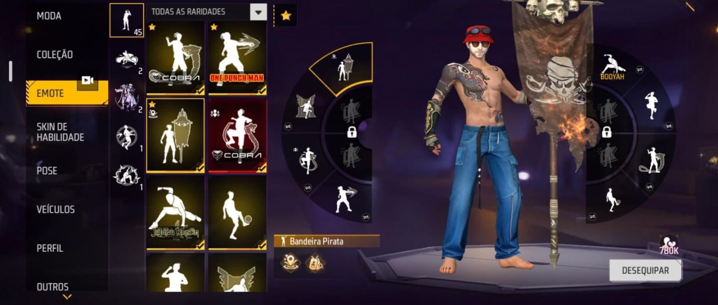 Conta de FF prime 7 com NARUTO, pé descalço, sombra roxa e jazz clássico