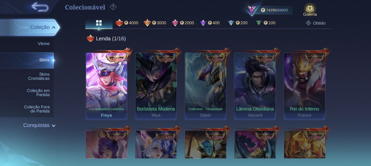 CONTA MLBB 255 SKINS + legend da FREYA , FULL EMBLEMA PRA SAIR RAPIDO!!