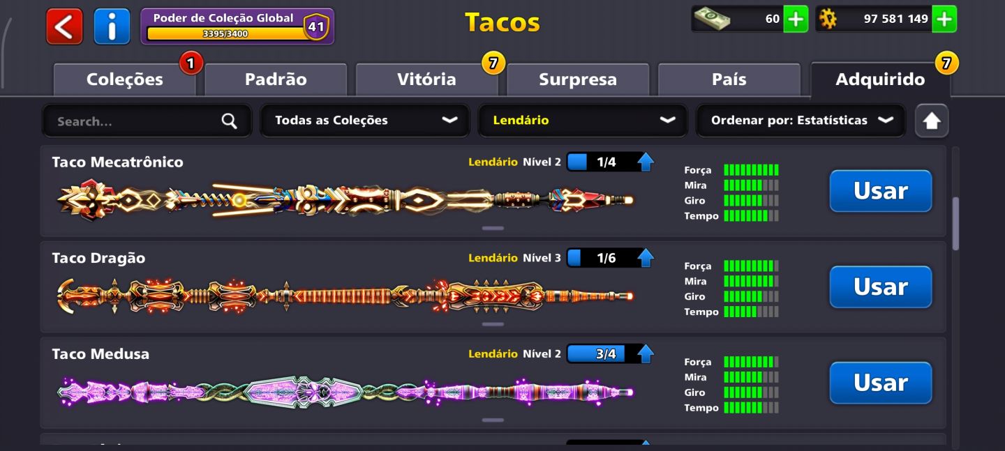 Conta 8 Ball Pool | 97M+ Fichas + Vários Tacos Lendários