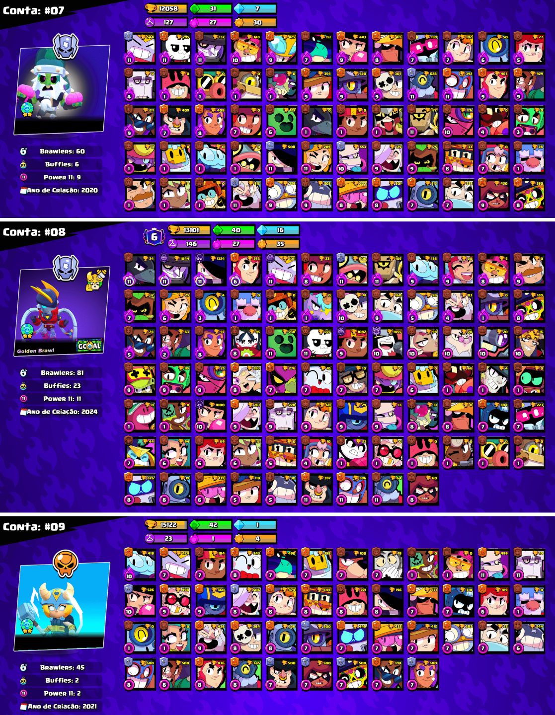 CONTAS BRAWL STARS c/LENDÁRIOS e MUITOS TROFÉUS!!