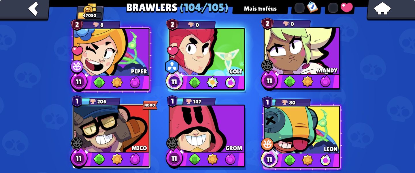 CONTA DE BRAWL STARS 47k de troféus,3 brawllers com 2 k ,32 prestígios,