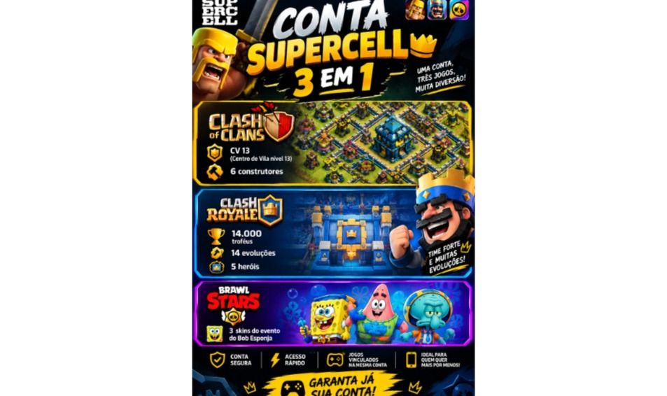 CONTA SUPERCELL 3 EM 1 | CV13 + 14 EVOLUÇÕES + 5 HERÓIS + 14K TROFÉUS